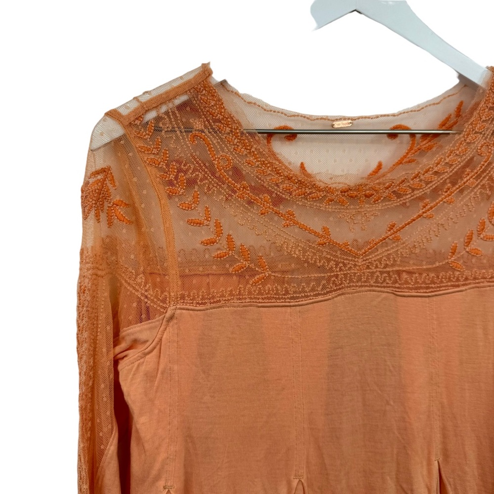 Free People Jojo Embroidered Mixed Media Long Sleeve Top Coral Size Small - Picture 7 of 11